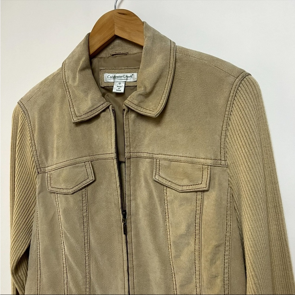 Cold water Creek Tan Genuine Suede Leather Jacket Ribbed Sleeves Beige US 12 - Picture 2 of 8